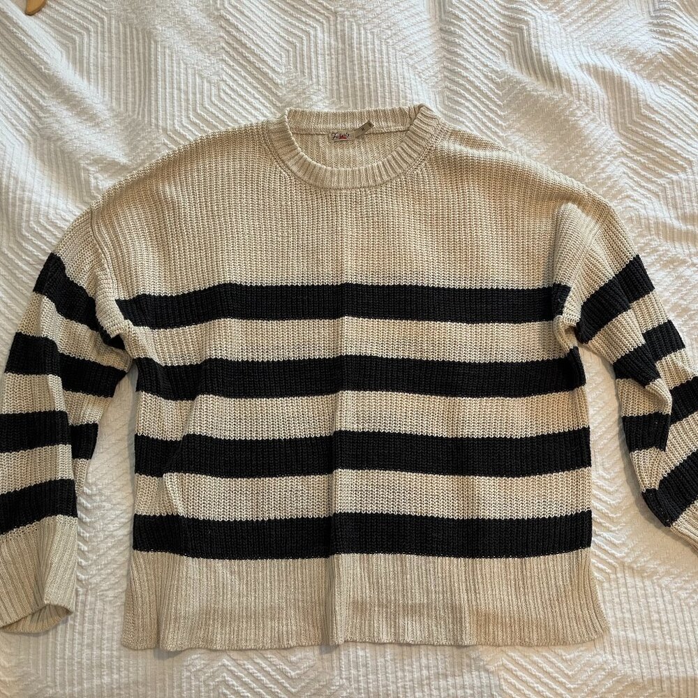 Faherty Miramar Linen Black and White Striped Crewneck Sweater Size M